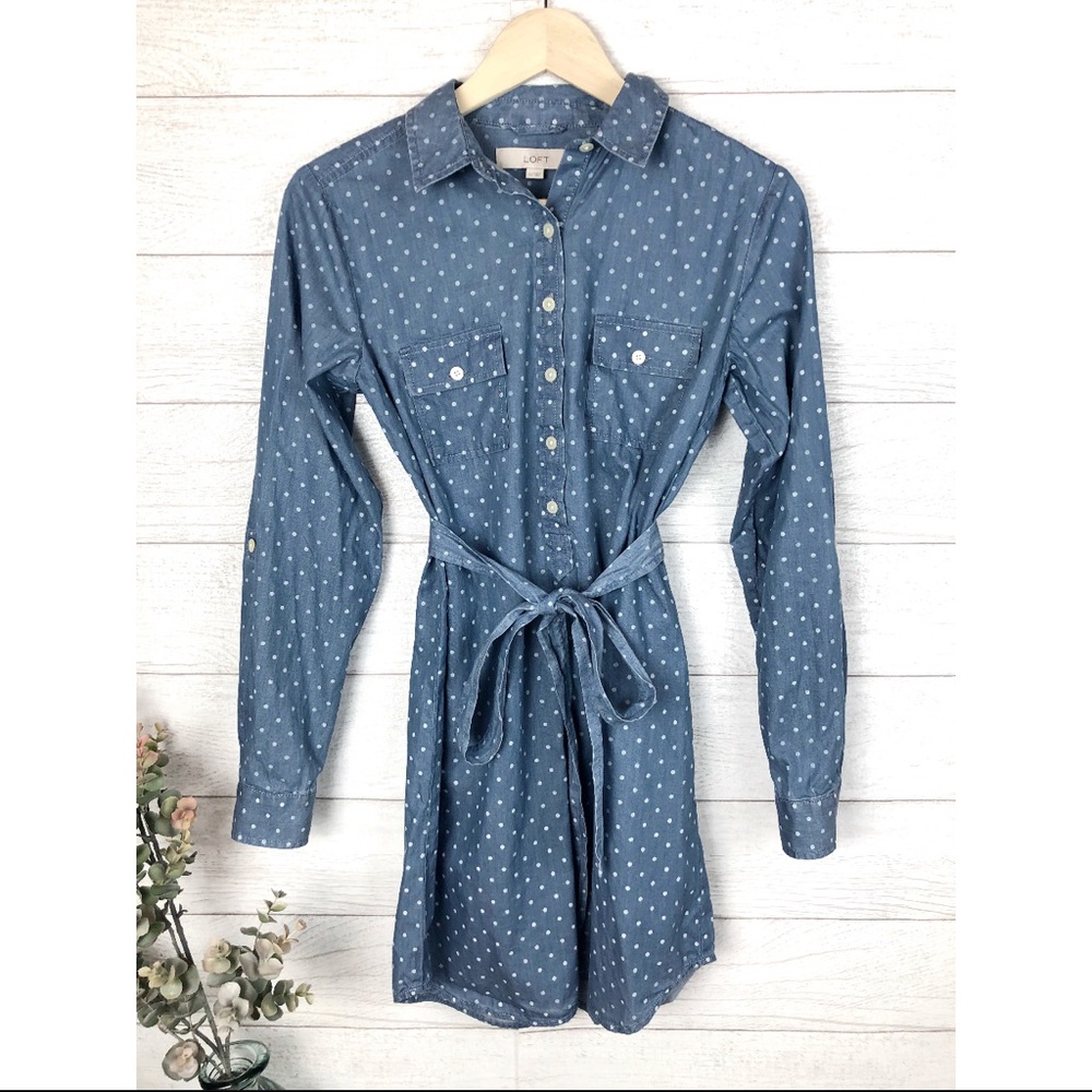 LOFT Jean Polkadot Tired Button Down Cotton Dress